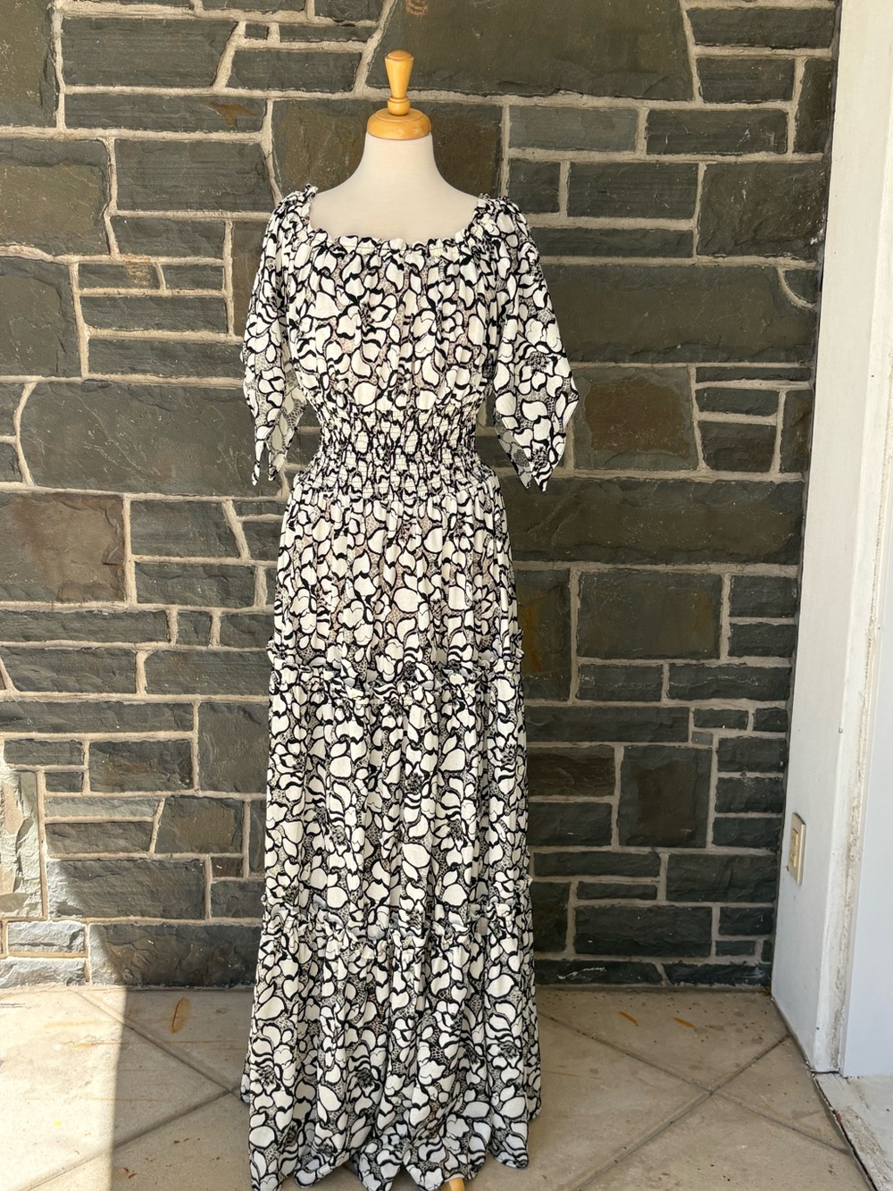 Black & White Floral Lace Smocked Maxi Dress